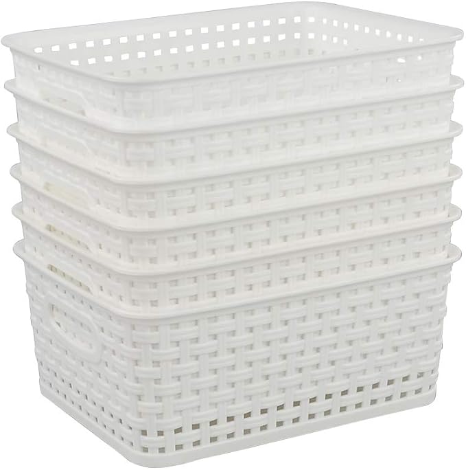 Anbers White Plastic Weave Storage Basket, 10.03" x 7.59" x 4.09", Set of 6-NeatNest
