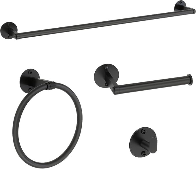 Matte Black Bathroom Hardware Set, VOTZAAQ 24-Inch Towel Bar, Towel Racks for Bathroom, Robe Towel Hanger Hooks, Toilet Paper Holder, Bathroom Accessories Set, 4-Pieces