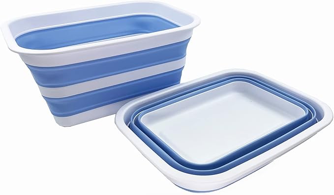 SAMMART 12L (3.17Gallon) Collapsible Tub - Portable Outdoor Picnic Tray - Portable Washing Basin - Space Saving Plastic Washtub (White/Baby Blue (Set of 2))