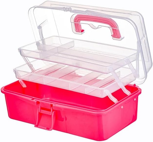 BangQiao 2-Tier Trays Clear Rose Red Plastic Storage Container Organizer Box, Multipurpose Portable Carrying Case with Latch Lock and Handle for Art, Craft, Sewing Supplies, First Aid, Makeup