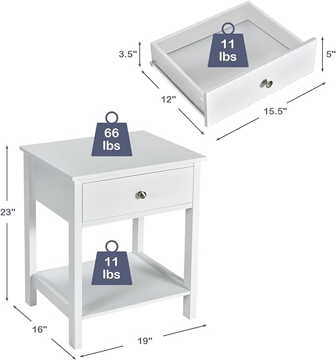 Giantex Nightstand, Wood End Table with Drawer and Open Shelf, Night Stand for Small Spaces, 2-Tier Bedside Table for Living Room Bedroom Dorm, Easy Assembly, White