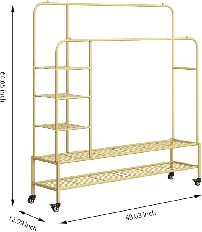 Garment Rack for Hanging Clothes Rack Heavy Duty Portable with Bottom Metal Shelf Drying Coats Shirt,Black (Gold+Double Rods+Shelf)-NeatNest