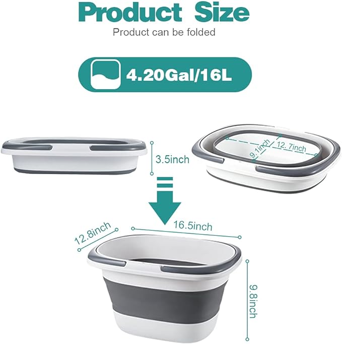 4.2 Gal(16L) Large Collapsible Plastic Bucket with Handle for House Cleaning, Space Saving Outdoor Multiuse Foldable Water Pail/Sink for Camping,Fishing,Ice(Grey)-NeatNest