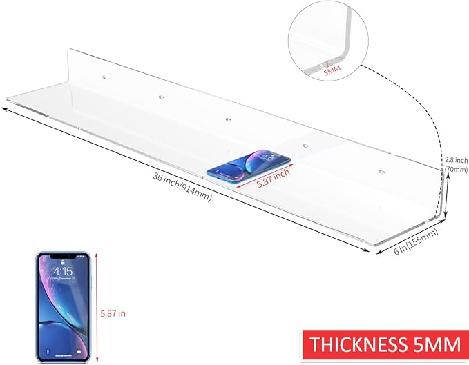 36 Inches Acrylic Wall Shelves 2 Pack, Floating Shelf for Wall Mounting, Acrylic Display Ledges for Funko Pop Figures, Home Décor, Living Room, Gaming Room, Plants(36 inch, Clear)-NeatNest