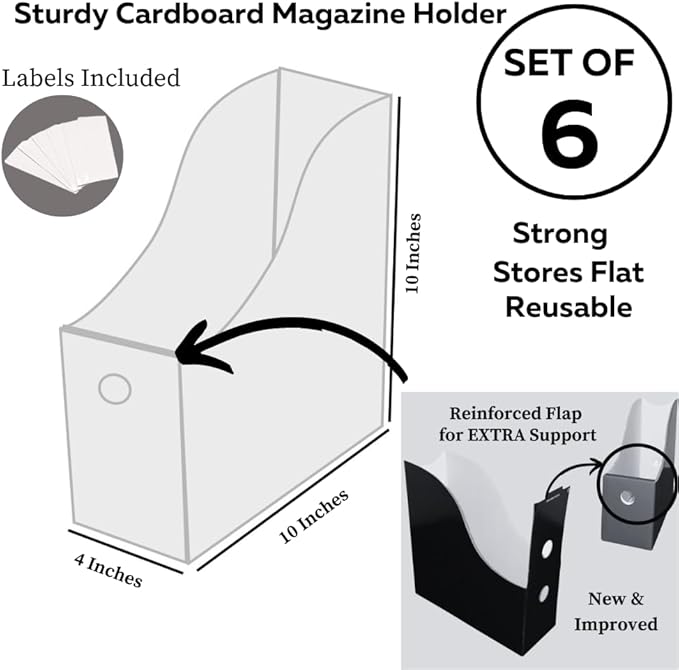 Evelots Magazine File Holder -Set of 6 White - Office Desk Organizer - Sturdy Cardboard - New Upgraded Double Front Panel -4" Wide-Easy Assemble