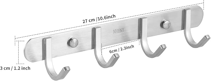 Coat hook Wall Mount - NHENY Towel hook Rack with 4 Hooks 11-inch hanger for Hanging Clothes, Bags, Keys, Easy to Install Rail for Bedroom, Bathroom, Entryway, Door, 304 Stainless Steel Brushed Nickel-NeatNest