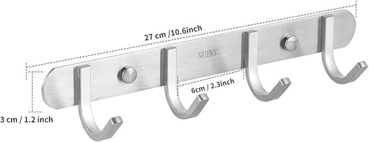 Coat hook Wall Mount - NHENY Towel hook Rack with 4 Hooks 11-inch hanger for Hanging Clothes, Bags, Keys, Easy to Install Rail for Bedroom, Bathroom, Entryway, Door, 304 Stainless Steel Brushed Nickel-NeatNest