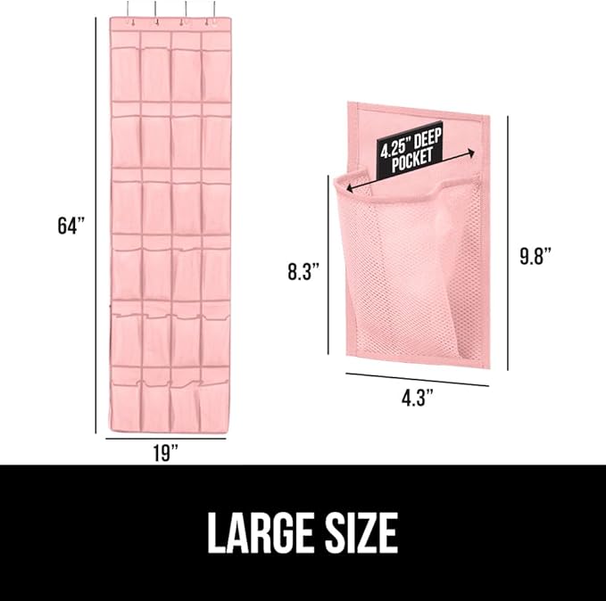 GORILLA GRIP Over the Door Shoe Organizer, 24 Large Breathable Mesh Pockets, Space Saving Hanging Storage Holder, Closet Rack Hanger Holds Up to 40 lbs, Hangs on Closets for Shoes, Accessories, Pink-NeatNest