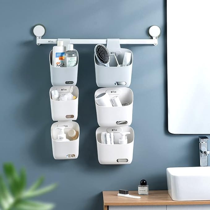 Plastic Hanging Basket Kitchen Storage organizer, Basket with Detachable hook, Hang it behind a door or on a railing, Over the Cabinet Door (Grey, Small-2 Pack)