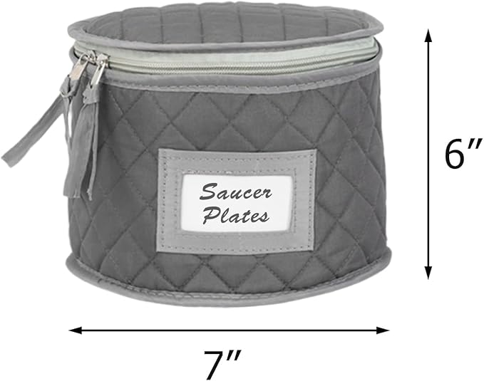 China Storage Case - Saucer or Small Plate Quilted Case - 7" diameter x 6" height - Gray - Includes 12 Felt Separators -Stackable With Padded Interior - Great for Appetizer Plates-NeatNest