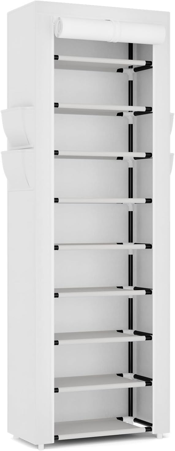 Shoe Rack with Cover Narrow Shoe Rack Organizer with 4 Side Pockets 10 Tier Tall Shoe Storage Shoe Shelf Holds 18-22 Pairs Shoes and Boots Shoe Rack for Closet, White-NeatNest