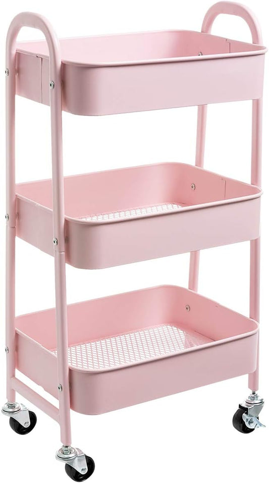 AGTEK Makeup Cart, Movable Rolling Organizer Cart, 3 Tier Metal Utility Cart Pink-NeatNest
