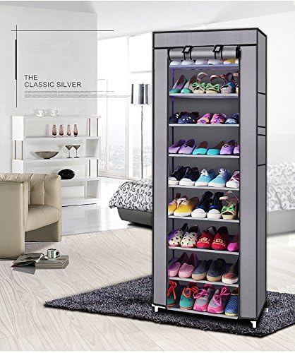 10 Tiers Shoe Rack with Dustproof Cover 27 Pair Shoe Tower Stand Sturdy Shelf Storage Organizer Cabinet Perfect for Bedroom, Closet, Entryway, Dorm Room (Gray)-NeatNest