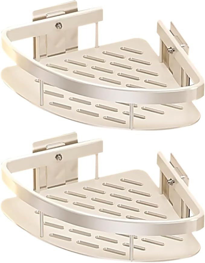 lanlord Wall Mounted Shower Organizer Corner Shower Caddy,2 Tier No Drilling Adhesive Shower Corner Shelf,Bathroom Shower Shelves Corner, with Hooks,Corner Shower Caddy Suction Cup,White （2LWAT
