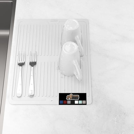 GORILLA GRIP 100% BPA-Free Patented Silicone Dish Drying Mat for Kitchen Counter, Water Catching Ribbed Design, Easy Clean Waterproof Sink Liner, Heat Resistant, Fits Under Rack, 13x11 Inch, White