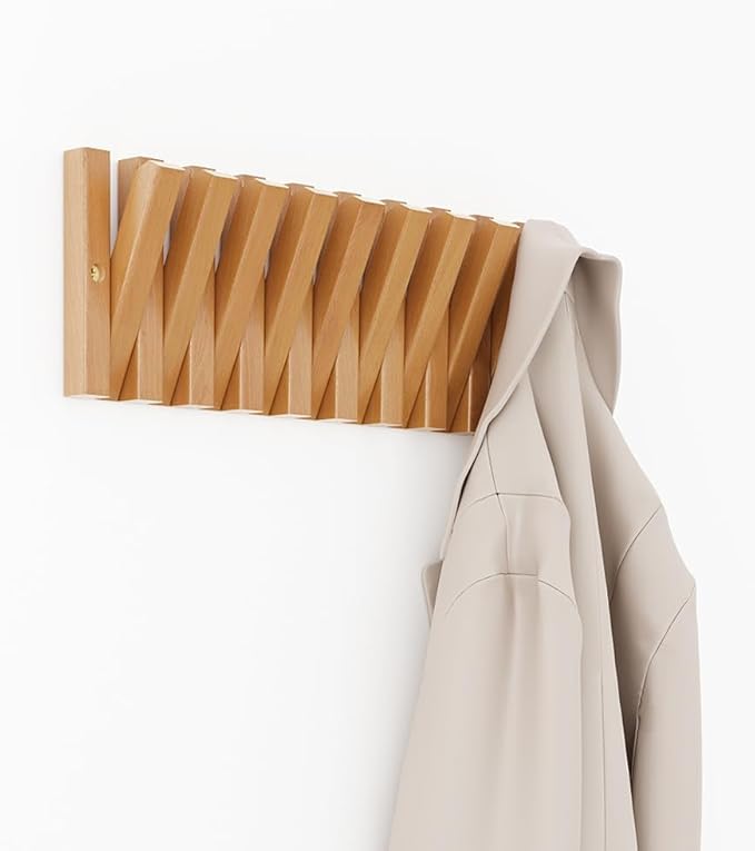 Coat Hooks, Wall Mounted Rack with 9 Retractable Hangers, Solid Wood Slim Holder for Entryway, 17in Natural Finish-1-NeatNest