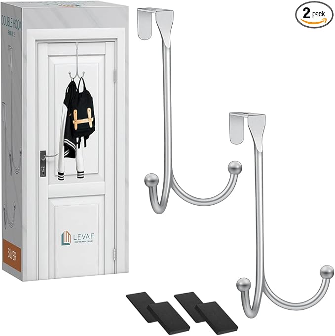 2-Pack Over The Door Hooks - with 2 Hang Heads & Snug Fit Pads Heavy Duty Hook for Hanging Coats, Towels, Caps & Robes - Elegant Matt Finish - No Drill Hanger Organizer - Silver