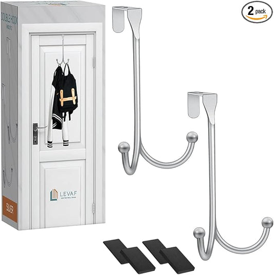 2-Pack Over The Door Hooks - with 2 Hang Heads & Snug Fit Pads Heavy Duty Hook for Hanging Coats, Towels, Caps & Robes - Elegant Matt Finish - No Drill Hanger Organizer - Silver