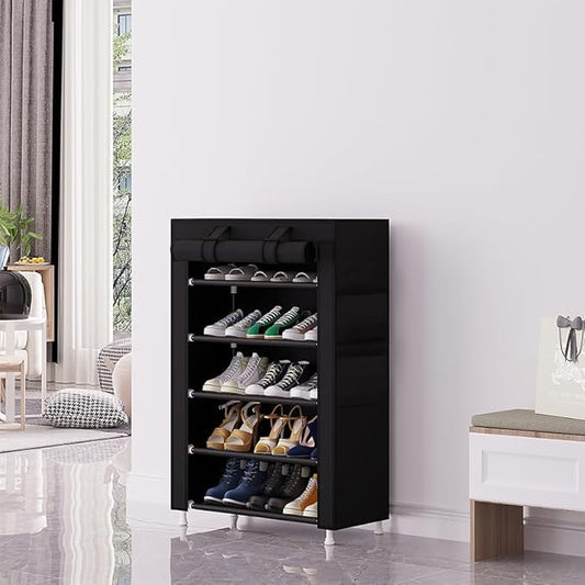 Calmootey 5 Tier Shoe Rack Organizer,Portable Shoe Shelf with Nonwoven Fabric Cover for Closet Hallway,Bedroom,Entryway,Black-NeatNest
