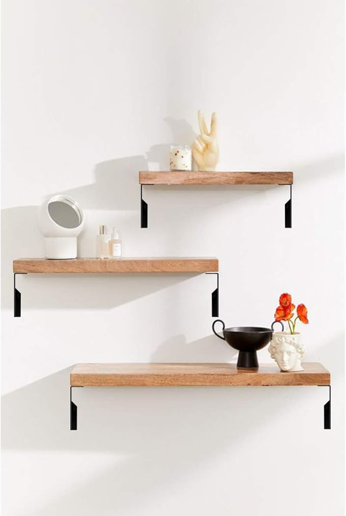 Heavy Duty Angle Shelf Brackets 8 Inch Anti-Rust Floating Shelves Support Brackets Decorative Shelf Brackets Industrial Rustic Farmhouse Flat Curved Black for 8-10 Inch Board( 4-Pack Hardware Only)-NeatNest