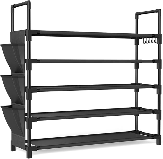 5 Tier Shoe Rack, Shoe Organizer Storage for 20-25 Pair Boot and Sneaker, Stackable Free Standing Shoe Shelf with Hooks and Side Pocket, Space Saving Shoes Rack for Closet, Entryway-NeatNest