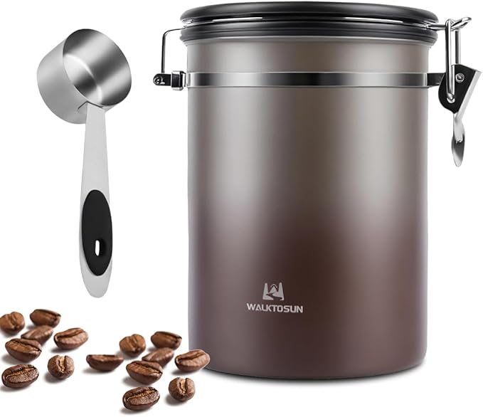 Coffee Canister Airtight Storage Container Stainless Steel Coffee Jar with Scoop,Date Tracker CO2 Release Valve for Dry Food Beans Ground Tea Flour Cereal and Sugar (1.8L Grey-Brown With Spoon)-NeatNest