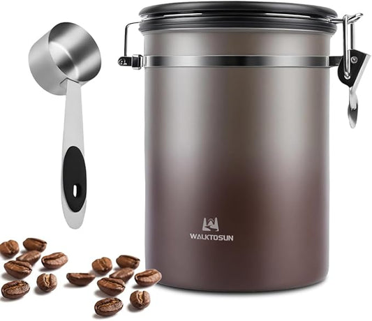 Coffee Canister Airtight Storage Container Stainless Steel Coffee Jar with Scoop,Date Tracker CO2 Release Valve for Dry Food Beans Ground Tea Flour Cereal and Sugar (1.8L Grey-Brown With Spoon)-NeatNest