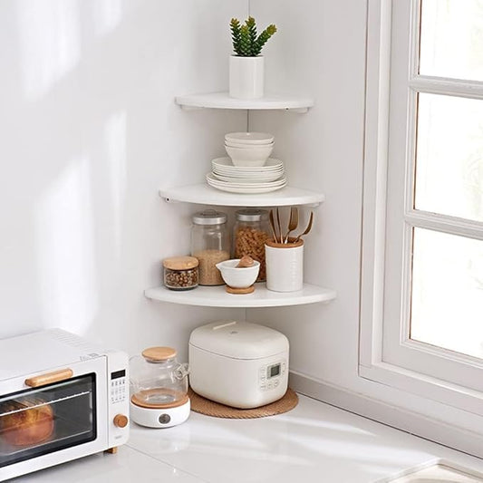 Corner Shelf, Solid Oak Wood Floating Corner Shelf Wall Mount Round End Floating Speaker with Wire Hole for Small Plant Photo for Bedroom Kitchen, Living Room White-NeatNest