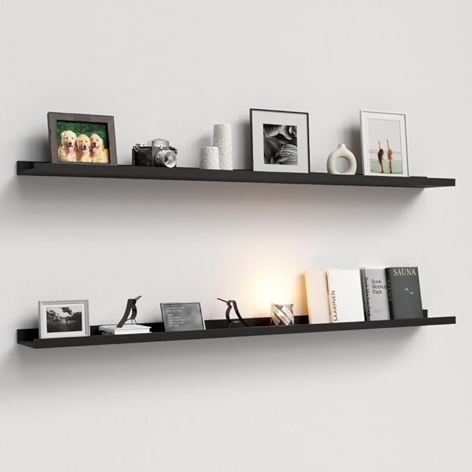 55.1 Inches Long Floating Shelves Wall Mounted, 2 Set Modern Wall Shelf for Bedroom, Nursery Book Shelf with Lip, Picture Ledge Shelf for Wall Decor Living Room Bathroom Kitchen - Black-NeatNest
