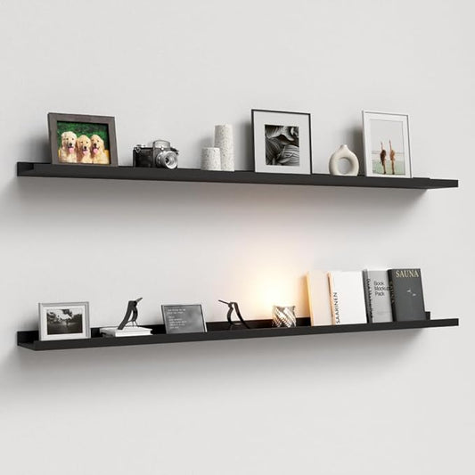 55.1 Inches Long Floating Shelves Wall Mounted, 2 Set Modern Wall Shelf for Bedroom, Nursery Book Shelf with Lip, Picture Ledge Shelf for Wall Decor Living Room Bathroom Kitchen - Black-NeatNest