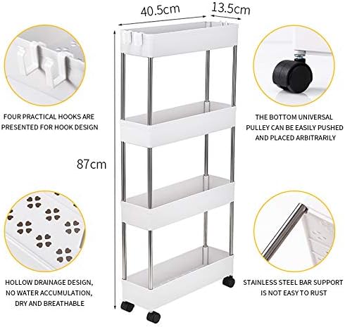 4-Tire Slim Storage Cart with 4 Hooks, Multi-Functional Narrow Rolling Kitchen Shelving Unit for Kitchen, Bathroom, Laundry Room, Office