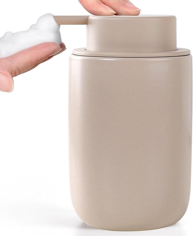 BosilunLife Foam Soap Dispenser - Ceramic Foaming Hand Wash Dispenser for Bathroom Modern Farmhouse Small Soap Dispenser Lotion Hand Pump Dispenser for Kitchen Sink (Khaki, Foam Pump)-NeatNest