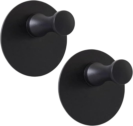 2 Packs Matte Black Adhesive Towel Hooks, Heavy Duty Wall Hooks 304 Stainless Steel Waterproof Sticky Towel Holder Shower Hook for Bathroom Kitchen Hanging Hat Robe Coat Bags