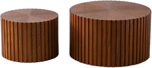 Nesting Coffee Table Set of 2 Wood Circle Drum Coffee Tables Set Contemporary Fluted Coffee Tables for Living Room & Small Space (Dark Wood Grain, 18.9+14.9in)