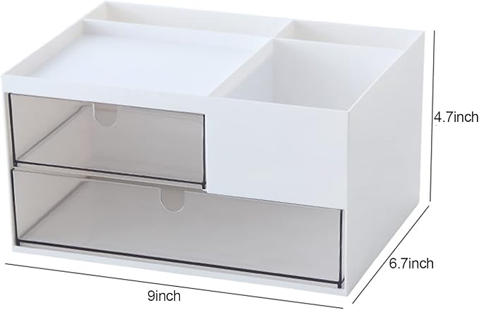Makeup Organizer with 2 Drawers, Desk Organizer, 4 Compartments, Cosmetics Storage Box for nail polish,Lipstick, Brushes, Jewelry, Skincare, Bathroom Organization Boxes - White-NeatNest
