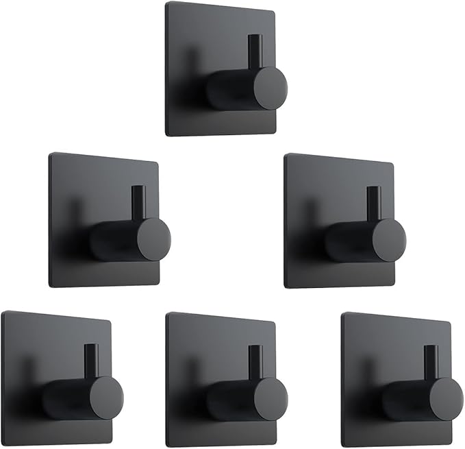 6 Pack Wall Sticky Hooks Adhesive, Self Adhesive Towel Hook, Small Stick on Hooks for Hanging Coat Key Bathrooms Kitchen, Black