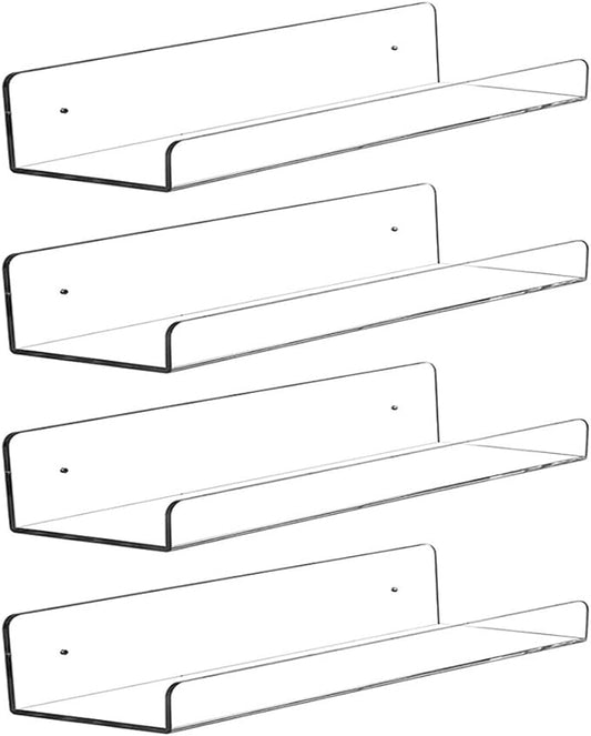CY craft Clear Acrylic Floating Shelves Display Ledge, 5 MM Thick Wall Mounted Storage Shelf for Kitchen/Bathroom/Office,Invisible Kids Bookshelf and Spice Rack,15 Inch,Set of 4-NeatNest