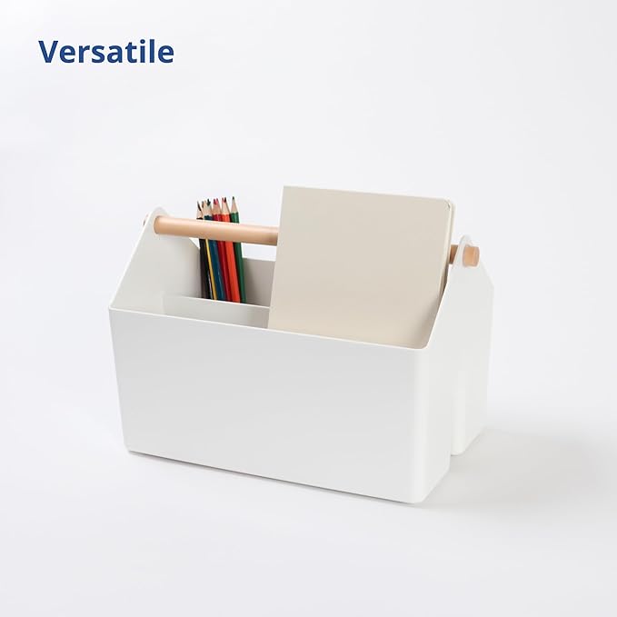 BLUE GINKGO Medium Storage Basket – Plastic Caddy with Wooden Handle for Office, Arts & Crafts, or Home Supplies (White)-NeatNest