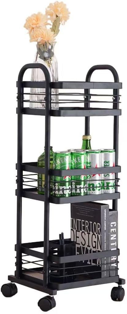 CHPHI 3 Tier Rolling Utility Cart Organizer, Stable and Sturdy Black Rolling Storage Carts with 2 Lockable Wheels, Multifunctional Storage for Kitchen, Bathroom & Laundry