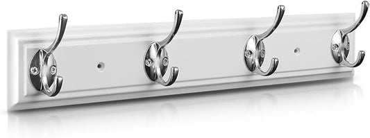 Coat Rack Wall Mounted White, 17" Wooden Modern Wall Coat Hanger with 4 Hooks, Heavy Duty Zinc Alloy Wall Hook Rack for Hanging Coats, Keys, Bags, Great Touch for Bedroom Bathroom Kitchen-NeatNest