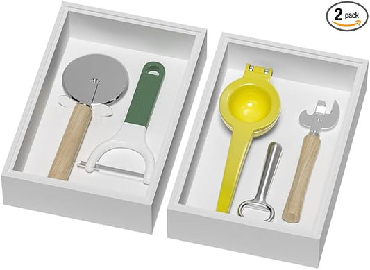 Bamboo Drawer Organizer, Cutlery Silverware Organizer for Kitchen Drawer, Stackable Utensil Organizer, 2 Pcs Flatware Organizer, Wooden Storage Box Tray (White, 9 X 6 X 2 Inch)-NeatNest