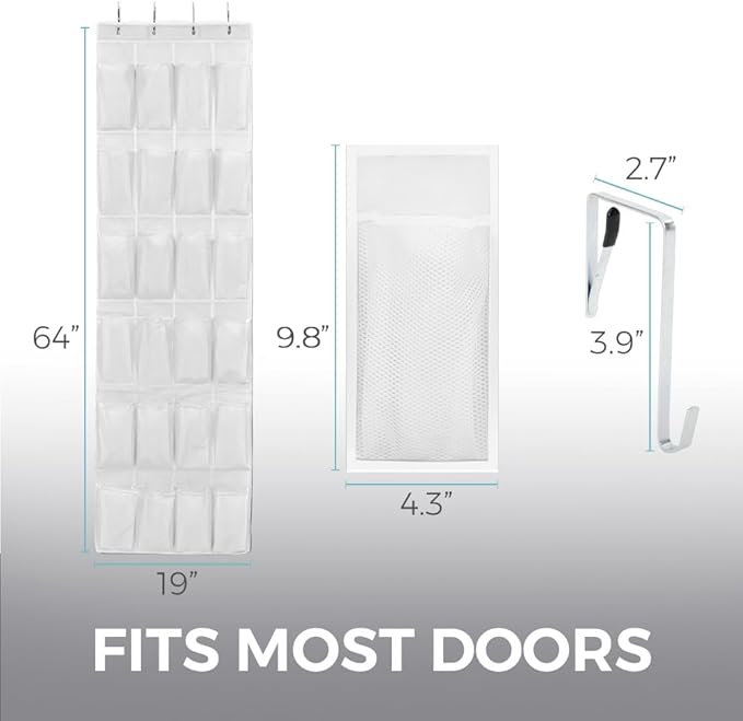 HOME GENIE Over the Door Hanging Shoe Organizer, 24 Breathable Mesh Pockets, Closet Rack Storage Holder, Stay in Place Hooks Hang on Closets, Hanger Holds Up to 40 lbs for Shoes, Accessories, White-NeatNest
