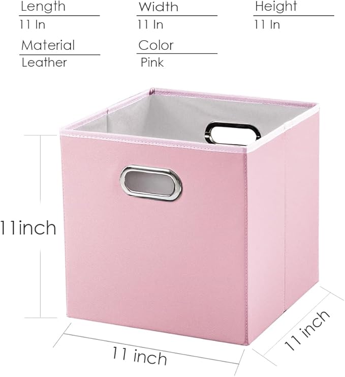 PRANDOM Leather Foldable Cube Storage Bins 11x11 inch [4-Pack] Fabric Storage Baskets Cubes Drawer with Cotton Handles Organizer for Shelves Nursery Closet Bedroom Clothes Pink-NeatNest