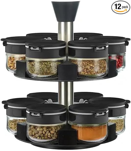 360 rotating 2 tier 12 jars spice rack (12 spice jars) Revolving Seasoning Organizer. Spinning Spice Rack for Counter top and Cabinet-NeatNest