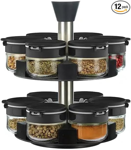 360 rotating 2 tier 12 jars spice rack (12 spice jars) Revolving Seasoning Organizer. Spinning Spice Rack for Counter top and Cabinet-NeatNest