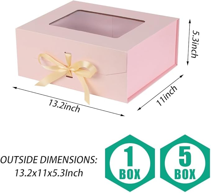 5 Pcs Pink Gift Box for Presents with Ribbon 13.2x11x5.3 Inches Clear Gift Box with Window Magnetic Closure Gift Boxes with Lids-NeatNest