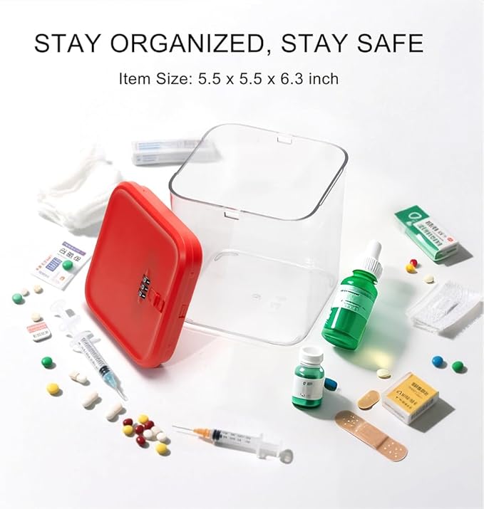 Clear Lockable Storage Box for Medicine Safe,Food Jar,Snacks,Phone - Secure Lock Box Refrigeator Container Bin Store Tank with Combination for Kitchen,Home,Office,Hospital (5.6×5.6×6.3 In) (Red)-NeatNest