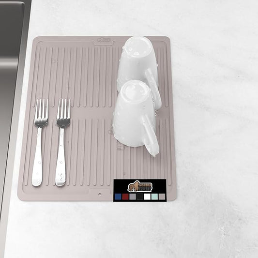 GORILLA GRIP 100% BPA-Free Patented Silicone Dish Drying Mat for Kitchen Counter, Water Catching Ribbed Design, Easy Clean Waterproof Sink Liner, Heat Resistant, Fits Under Rack, 13x11 Inch, Almond