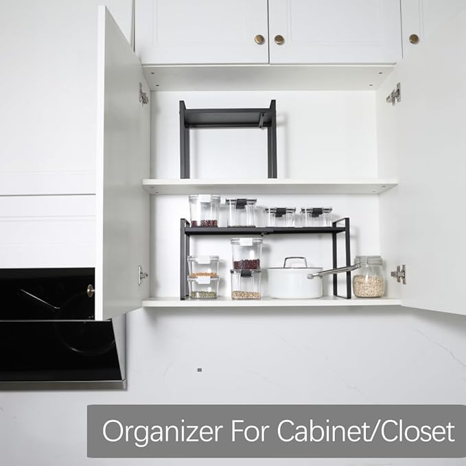 Expandable Cabinet Shelf Organizer Riser for Kitchen Pantry Cupboard Under Sink Countertop (black, 8.2’’D * 12.2-21.6’’W * 10.4’’H)-NeatNest