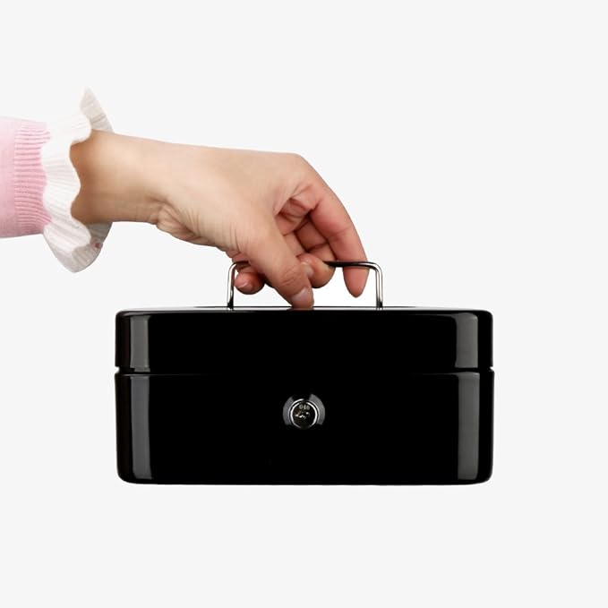 Decaller Cash Box with Money Tray, Metal Locking Money Box with Key Lock for Security, 7 4/5" x 6 4/5" x 3 3/5", Black, QH2003S-NeatNest